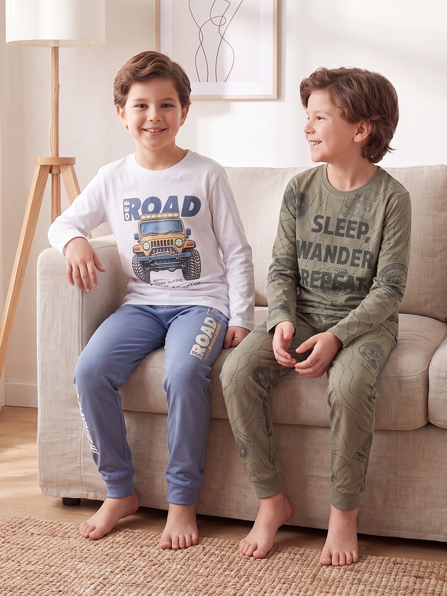 Pack of 2 Cotton Crew Neck Long Sleeves Pyjama Set with Graphic Print