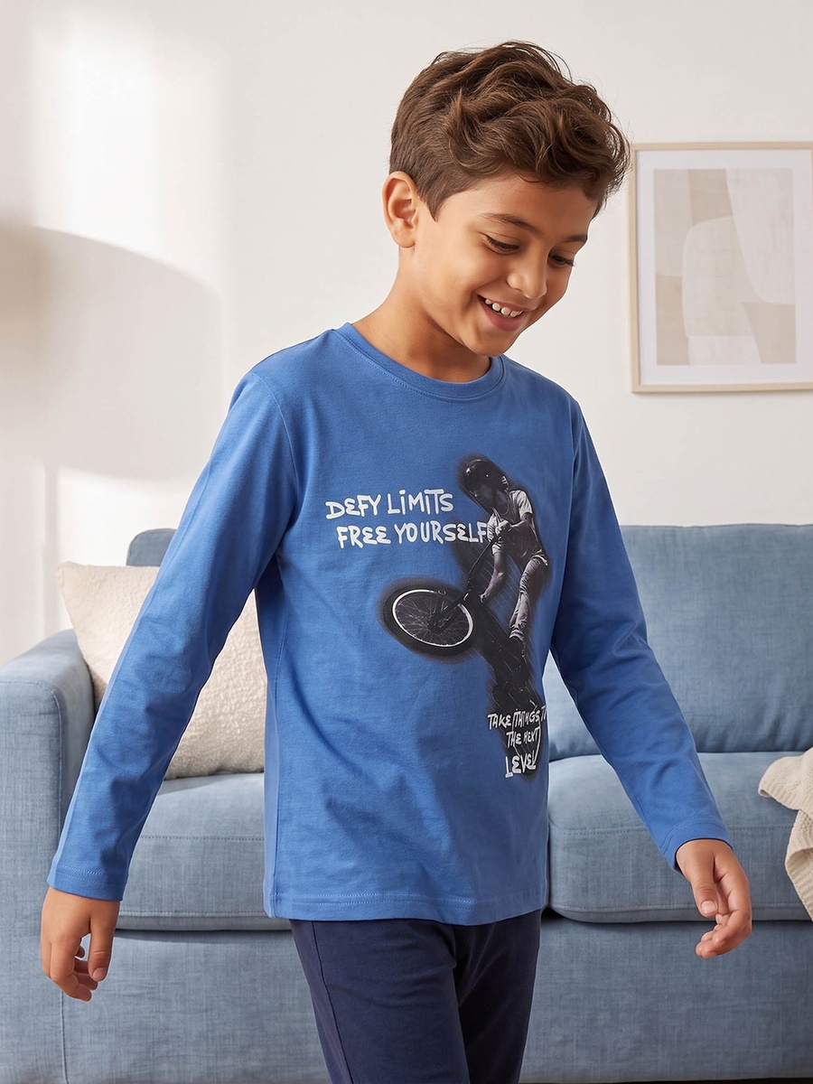 Cotton Crew Neck Long Sleeves Pyjama Set with Graphic Print