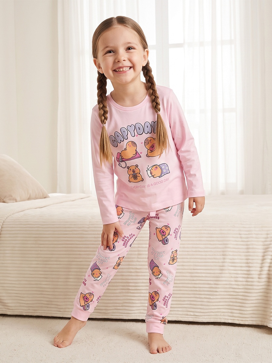Cotton Round Neck Long Sleeves Pyjama Set with Capybara Print