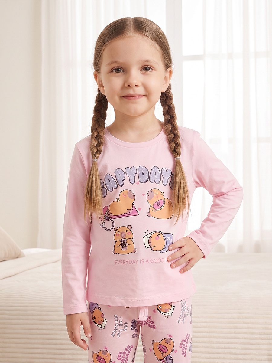 Cotton Round Neck Long Sleeves Pyjama Set with Capybara Print
