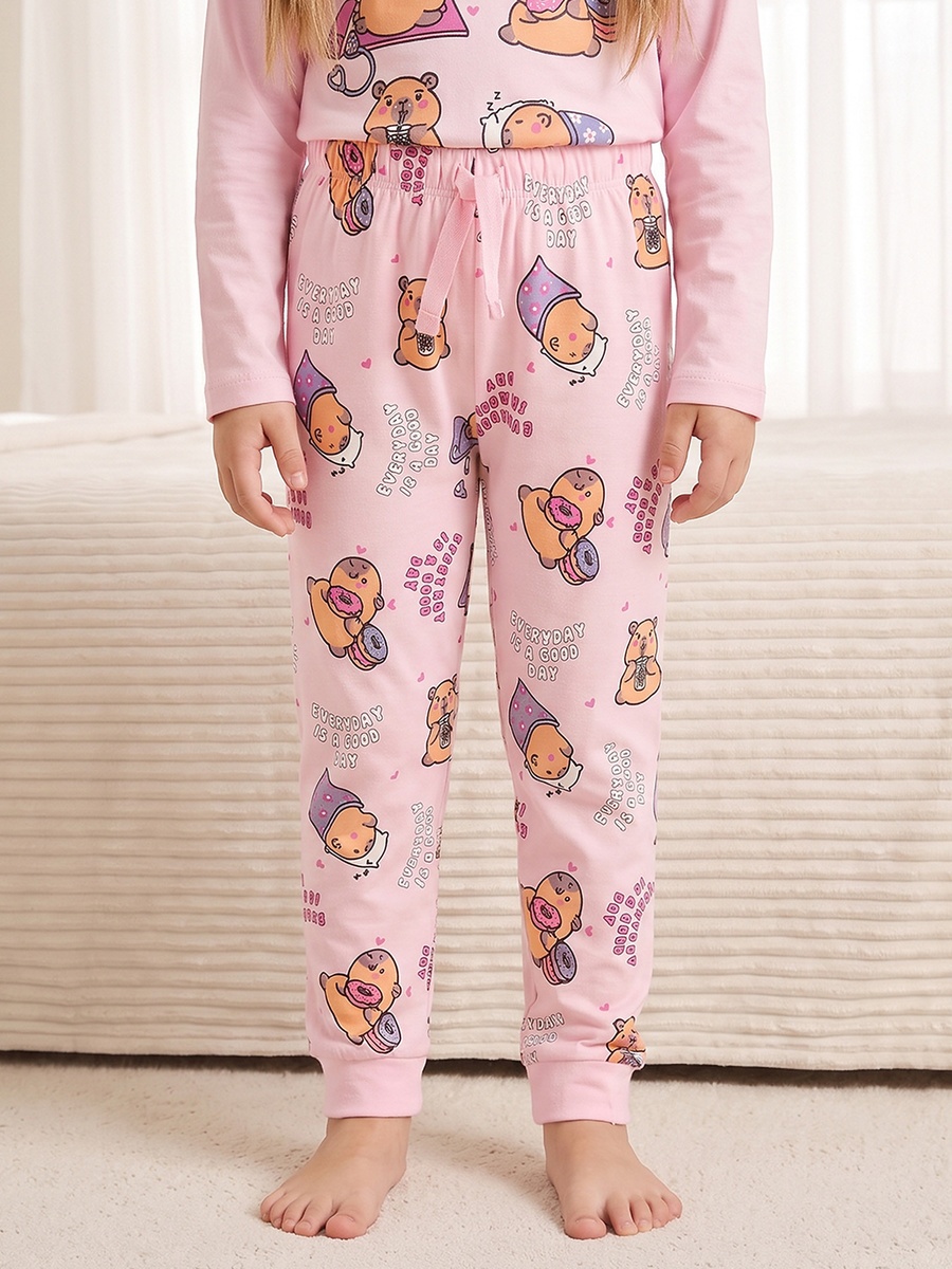Cotton Round Neck Long Sleeves Pyjama Set with Capybara Print