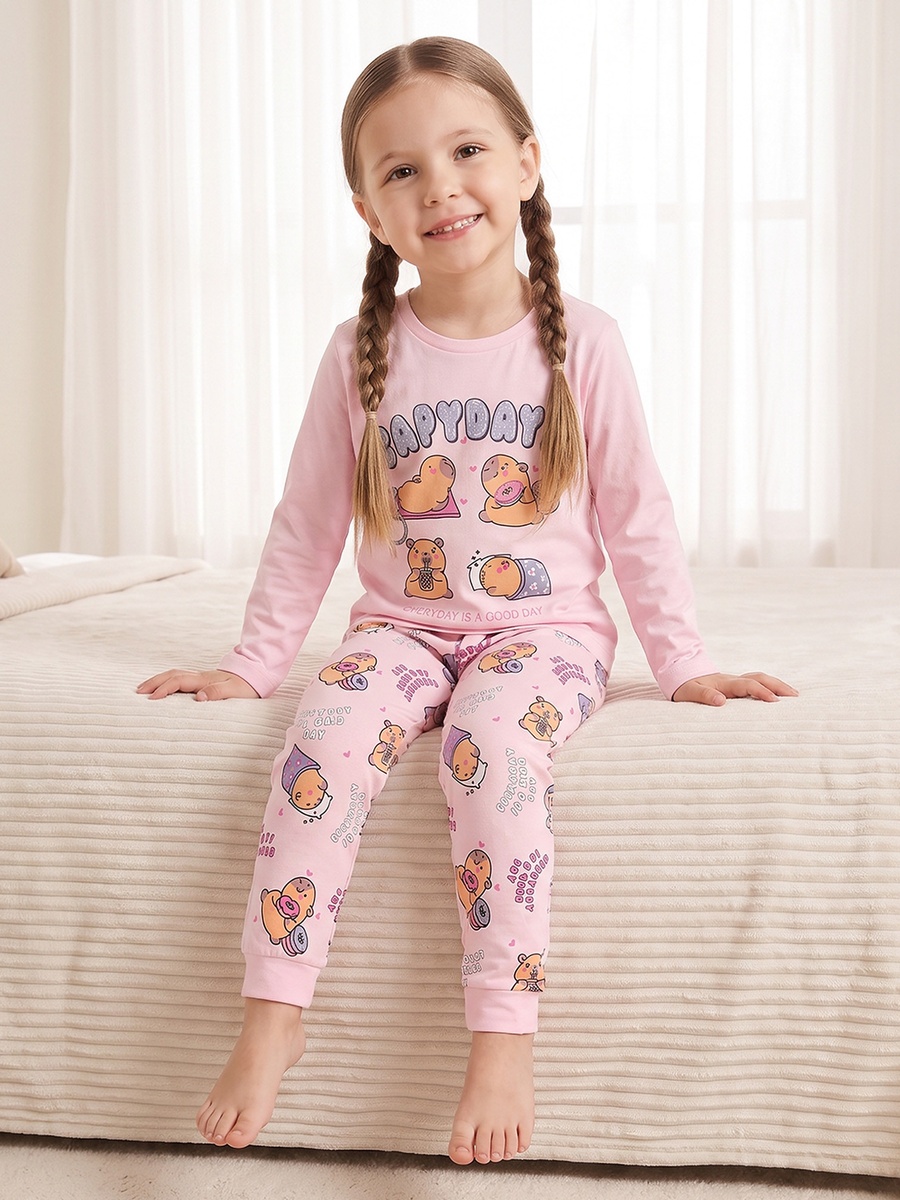 Cotton Round Neck Long Sleeves Pyjama Set with Capybara Print