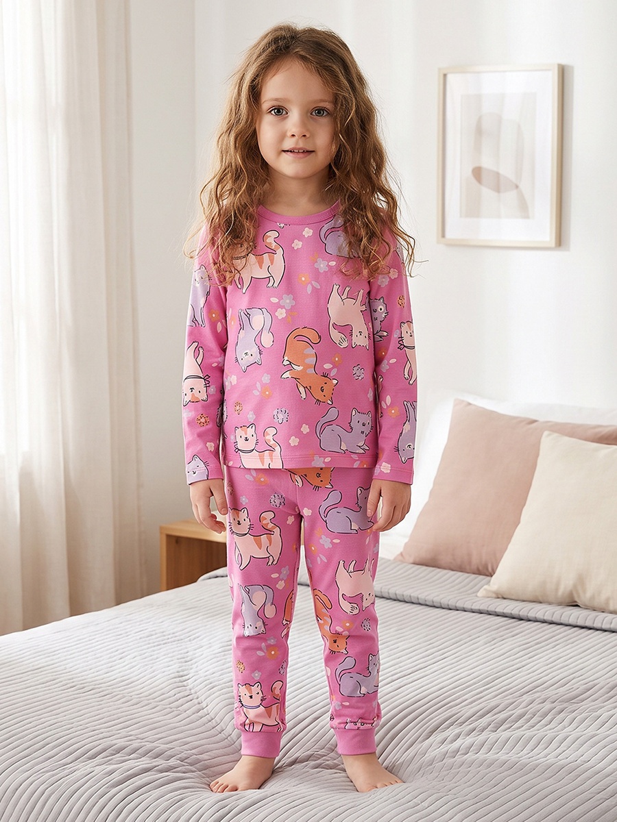 Cotton Crew Neck Long Sleeves Pyjama Set with Cat Print