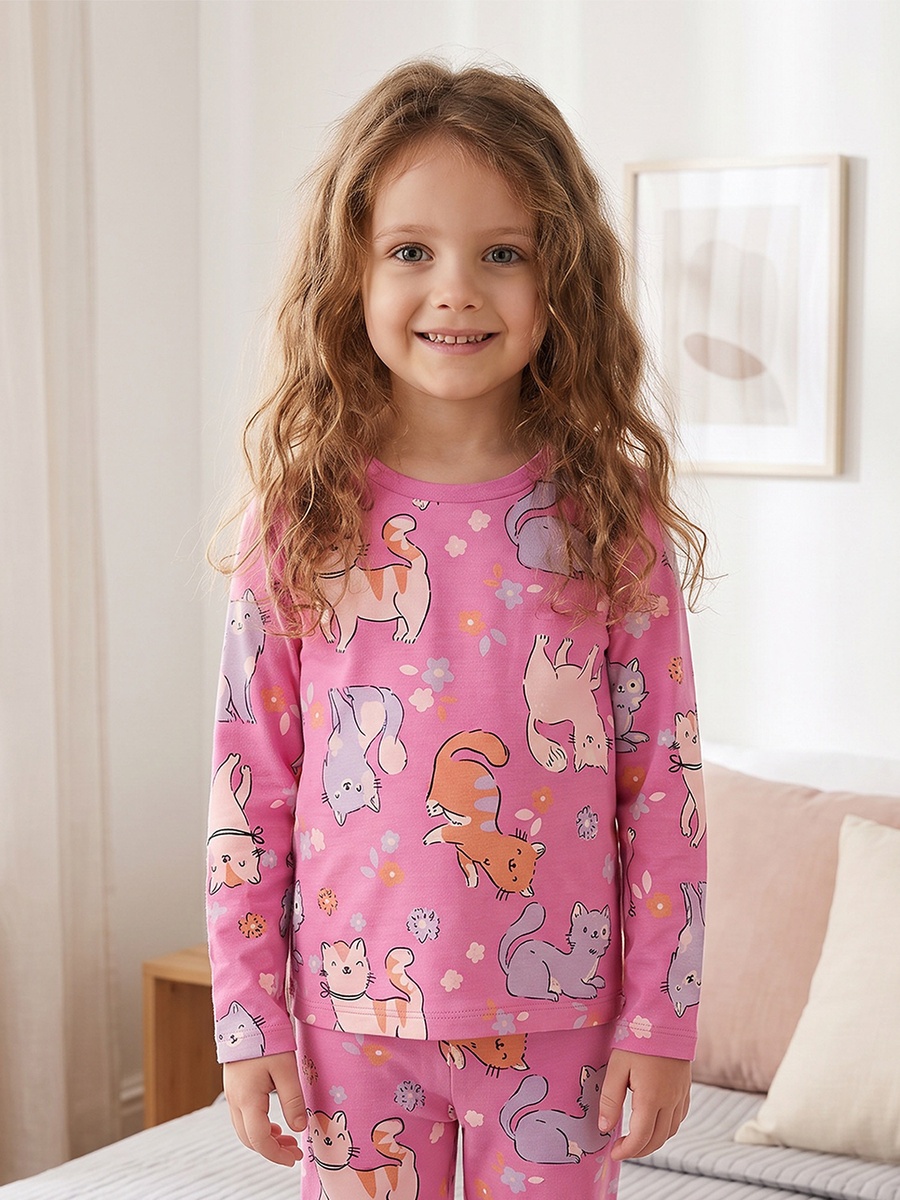 Cotton Crew Neck Long Sleeves Pyjama Set with Cat Print