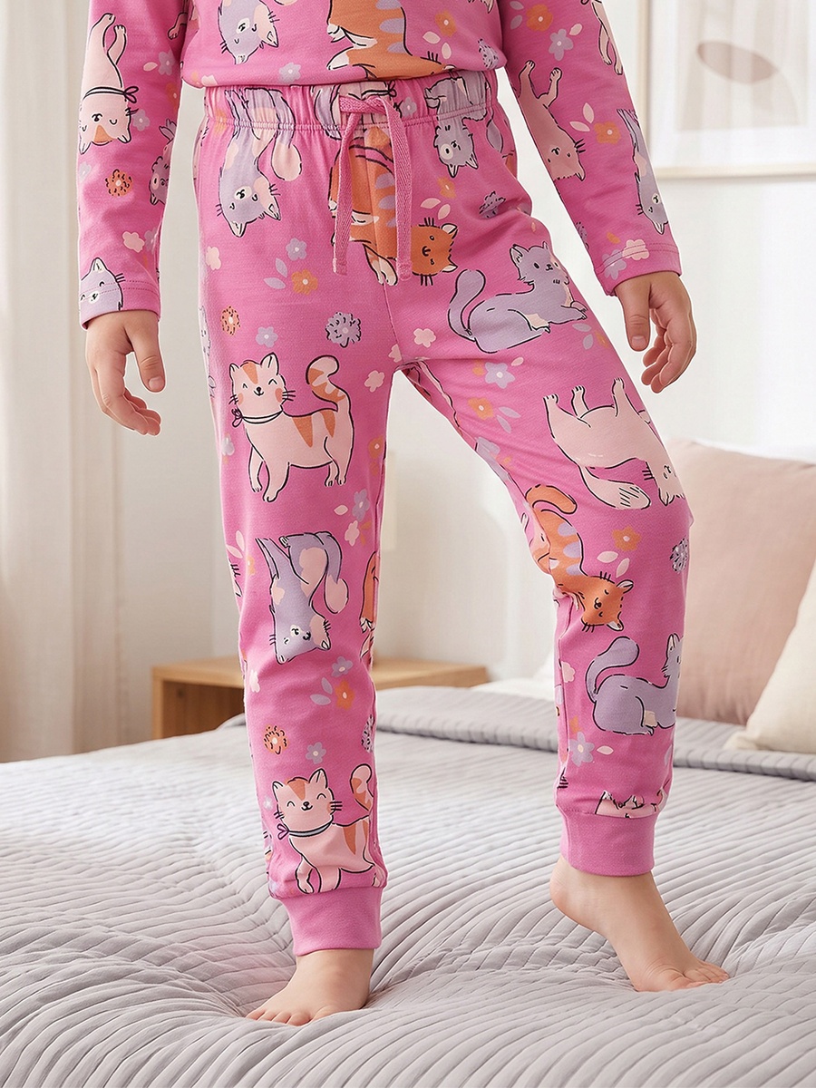 Cotton Crew Neck Long Sleeves Pyjama Set with Cat Print
