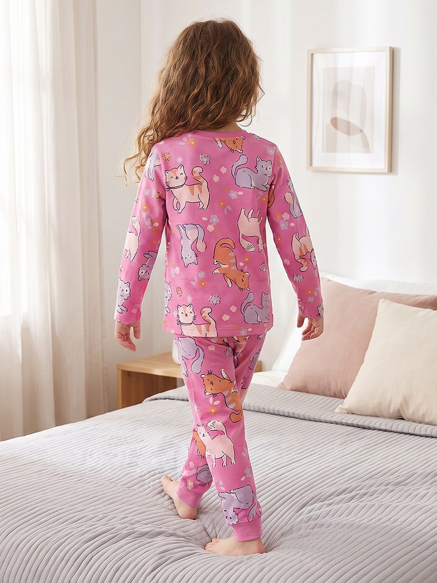 Cotton Crew Neck Long Sleeves Pyjama Set with Cat Print