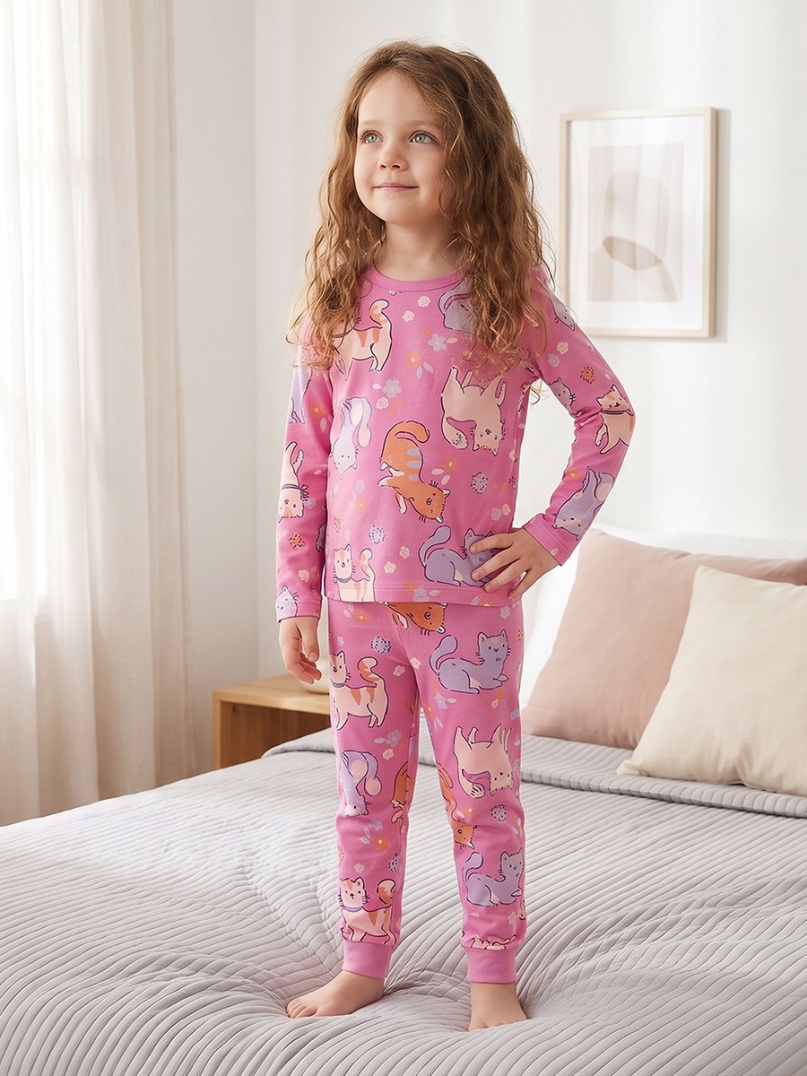 Cotton Crew Neck Long Sleeves Pyjama Set with Cat Print