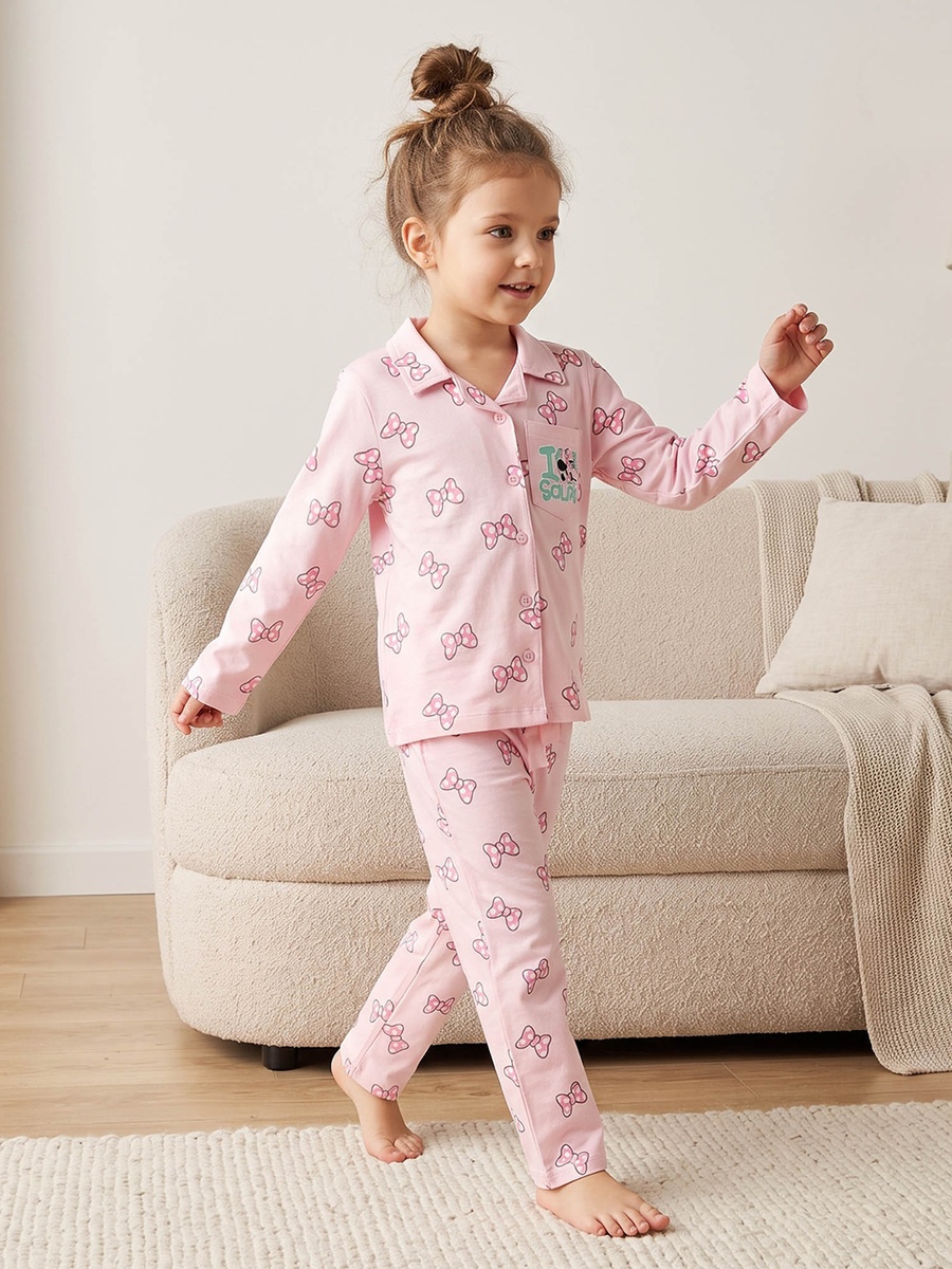 Cotton Collared Long Sleeves Pyjama Set with Minnie Mouse Print