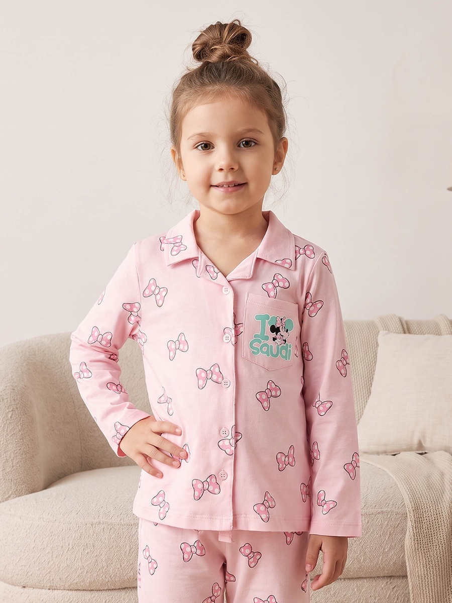 Cotton Collared Long Sleeves Pyjama Set with Minnie Mouse Print