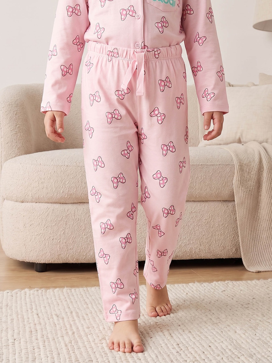 Cotton Collared Long Sleeves Pyjama Set with Minnie Mouse Print