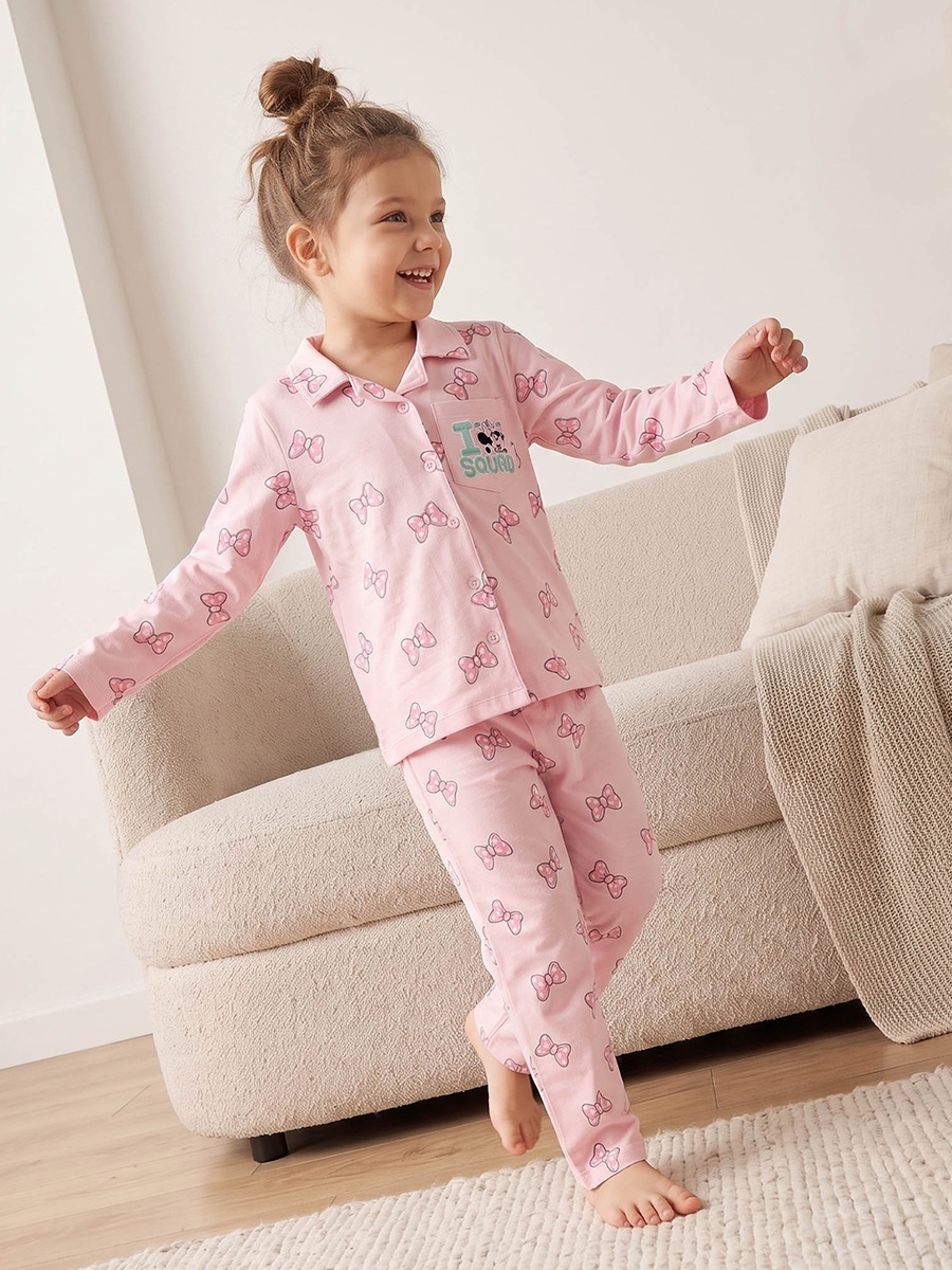 Cotton Collared Long Sleeves Pyjama Set with Minnie Mouse Print