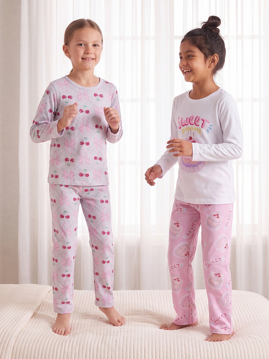 Pack of 2 Cotton Crew Neck Long Sleeves Pyjama Set with Assorted Print