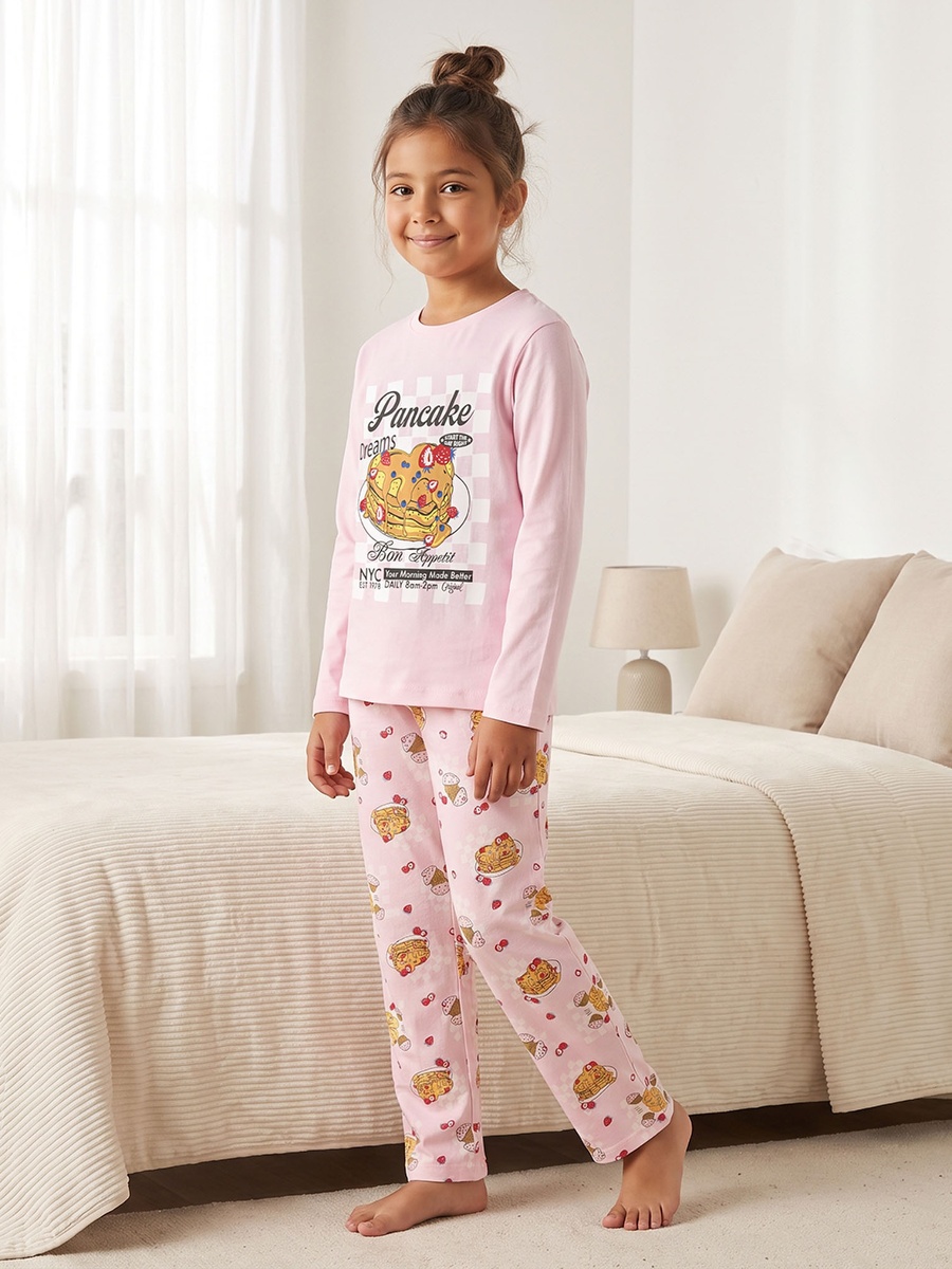 Cotton Crew Neck Long Sleeves Pyjama Set with Pancake Print