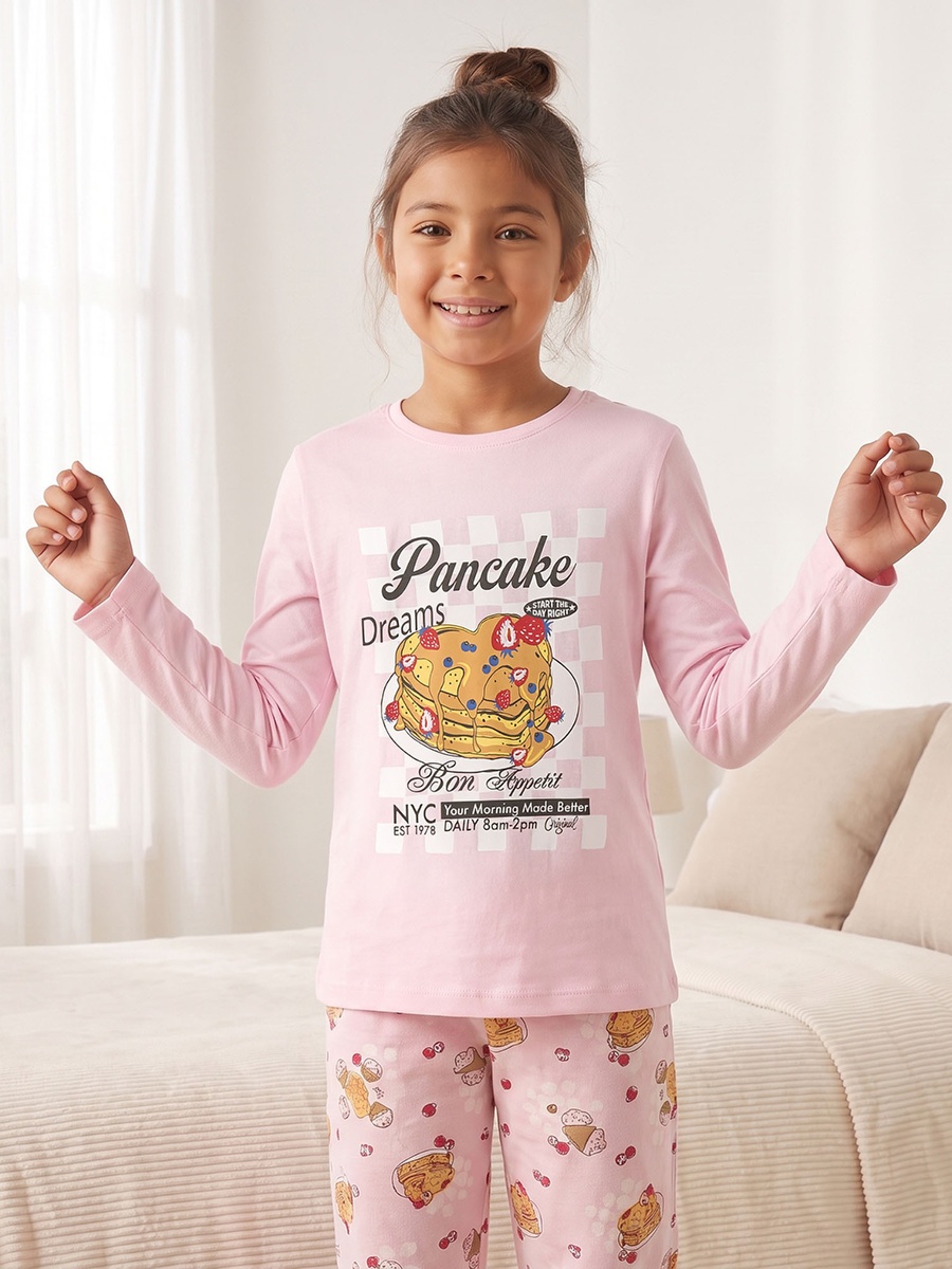 Cotton Crew Neck Long Sleeves Pyjama Set with Pancake Print