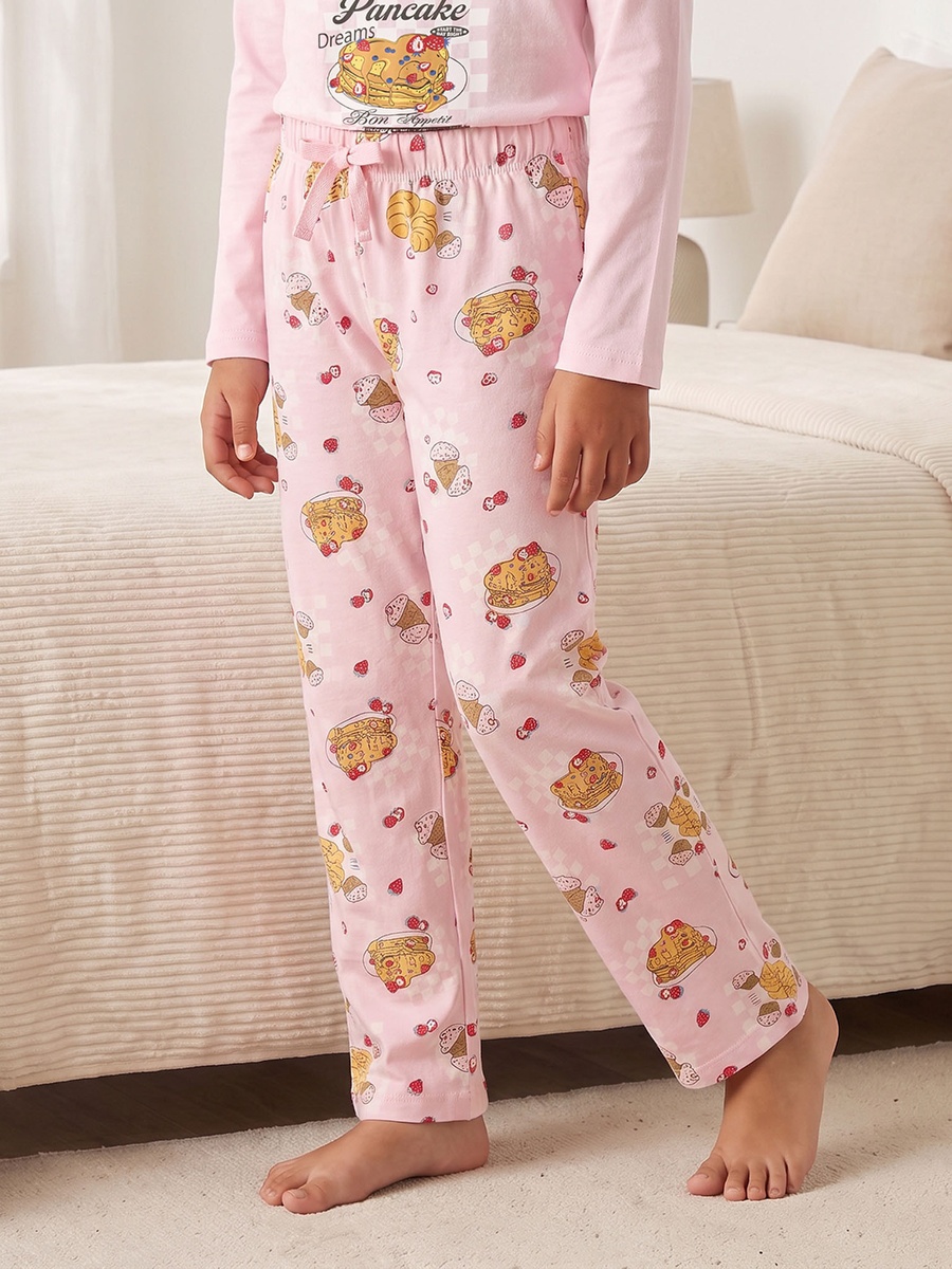 Cotton Crew Neck Long Sleeves Pyjama Set with Pancake Print