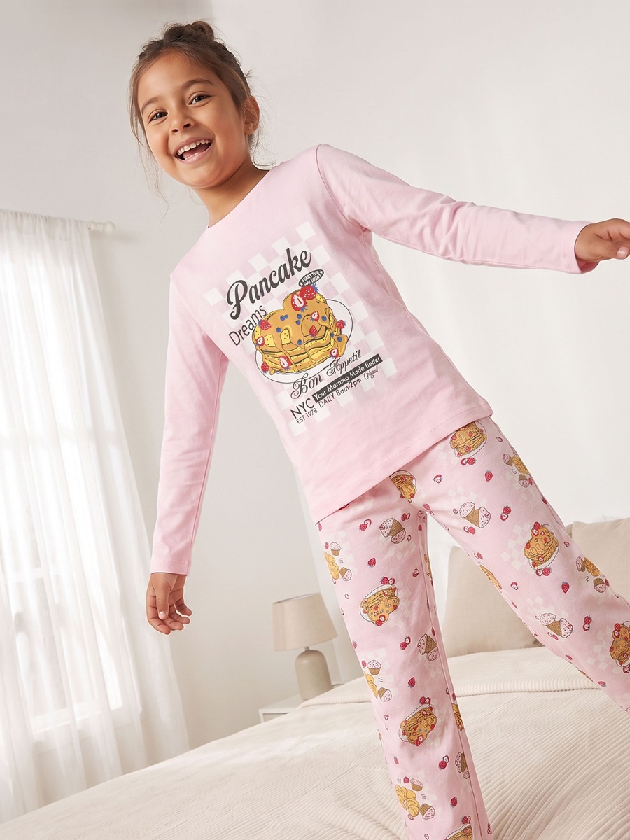 Cotton Crew Neck Long Sleeves Pyjama Set with Pancake Print