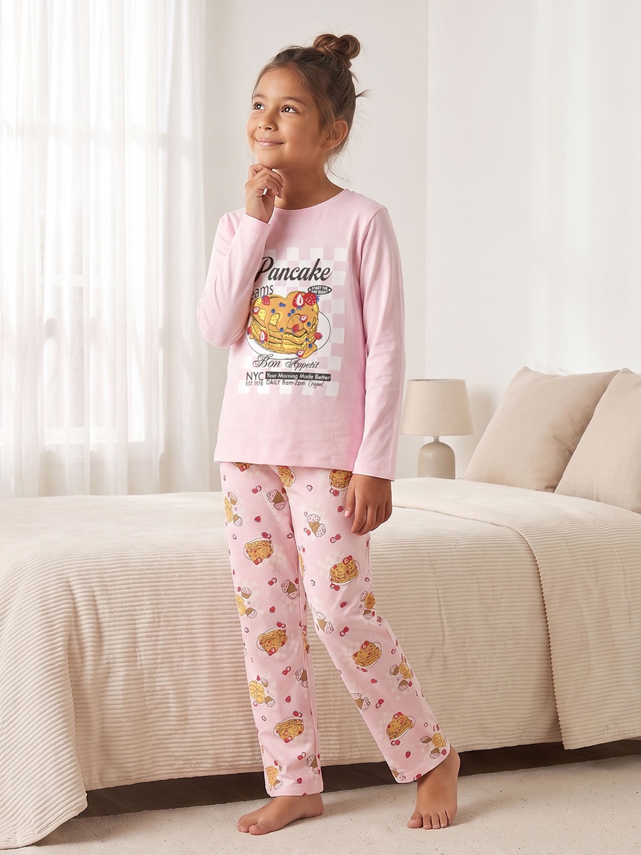 Cotton Crew Neck Long Sleeves Pyjama Set with Pancake Print