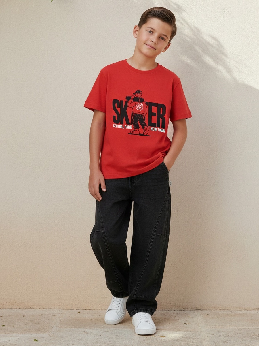 Crew Neck Short Sleeves T-Shirt and Pants Set with Skater Print