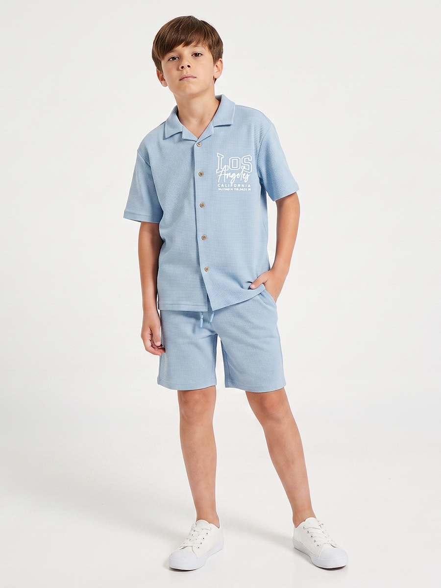 Camp Collar Short Sleeves Shirt and Shorts Set with Los Angeles Embroidery