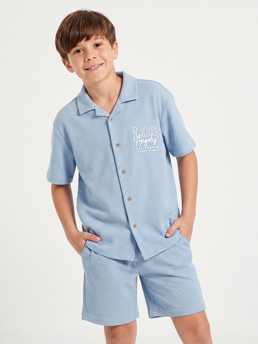 Camp Collar Short Sleeves Shirt and Shorts Set with Los Angeles Embroidery