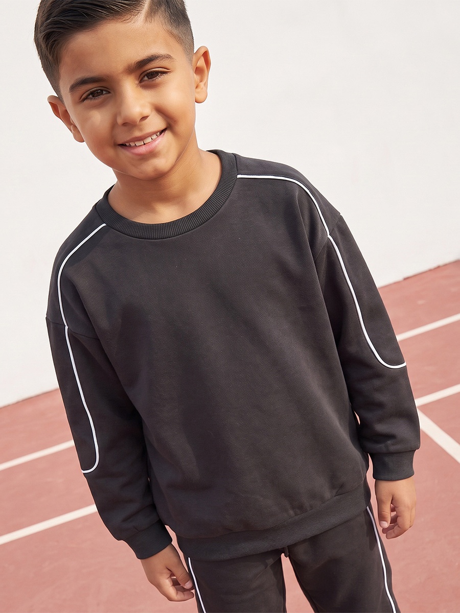 Crew Neck Long Sleeves Sweatshirt and Joggers Set with Contrast Piping
