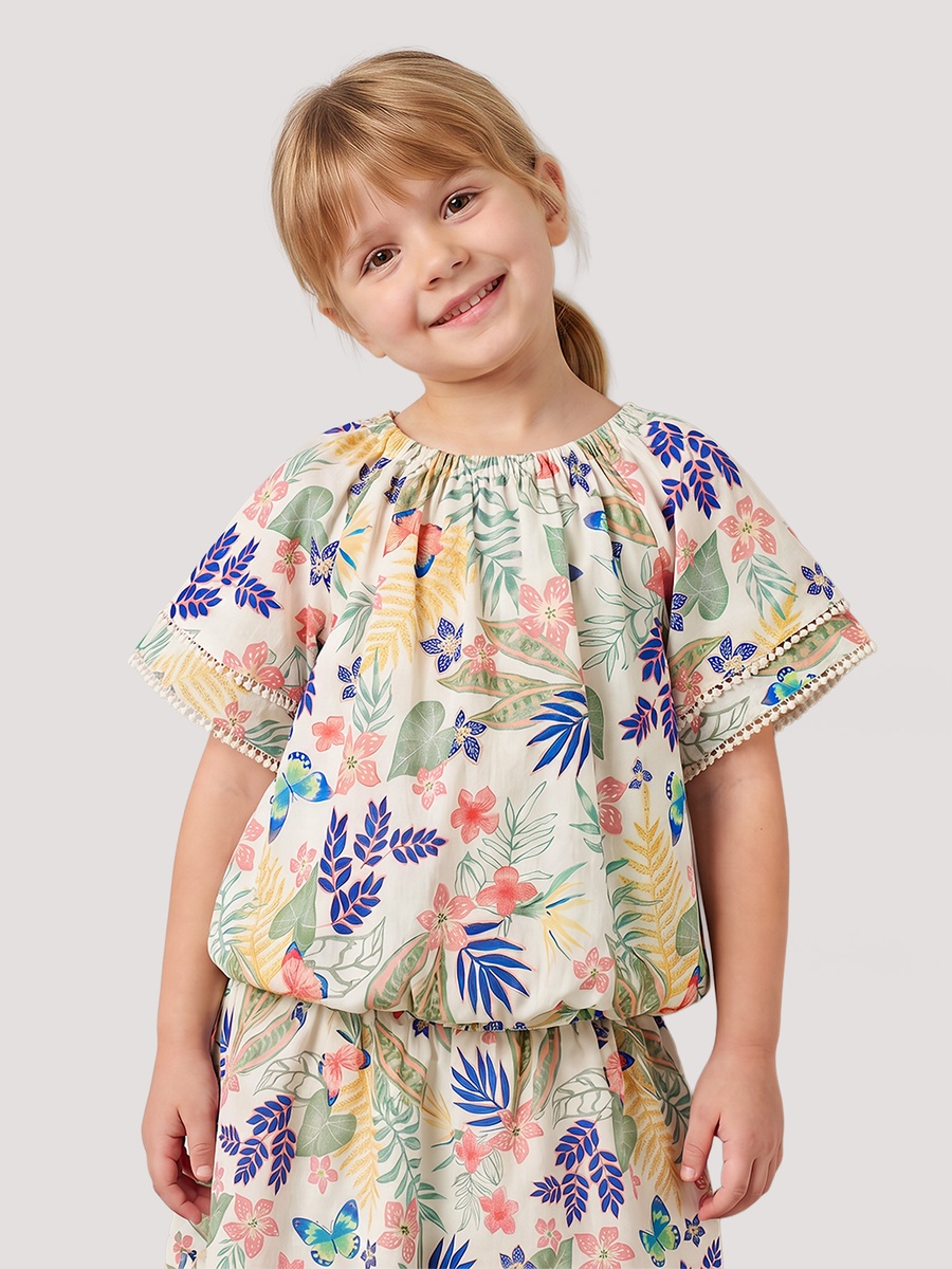 Round Neck Short Sleeves Top and Skirt Set with Floral Print