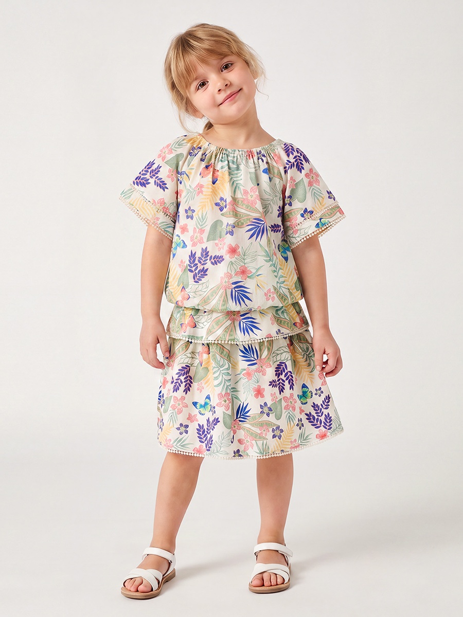 Round Neck Short Sleeves Top and Skirt Set with Floral Print