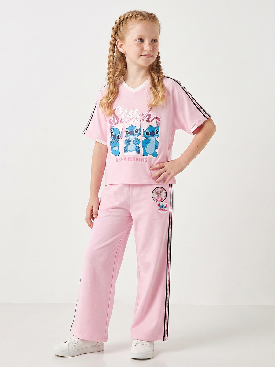 Crew Neck Short Sleeves T-Shirt and Pants Set with Stitch Print