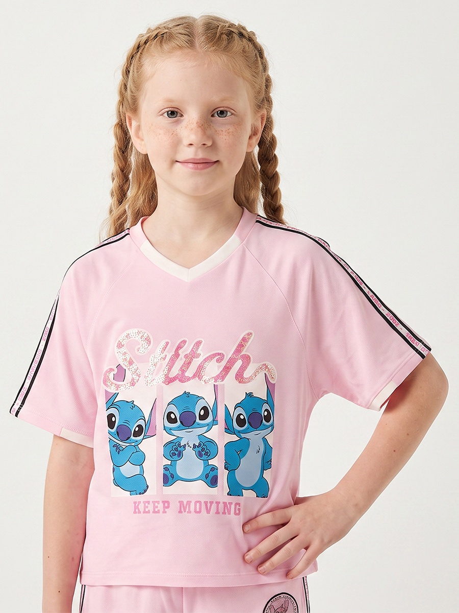 Crew Neck Short Sleeves T-Shirt and Pants Set with Stitch Print