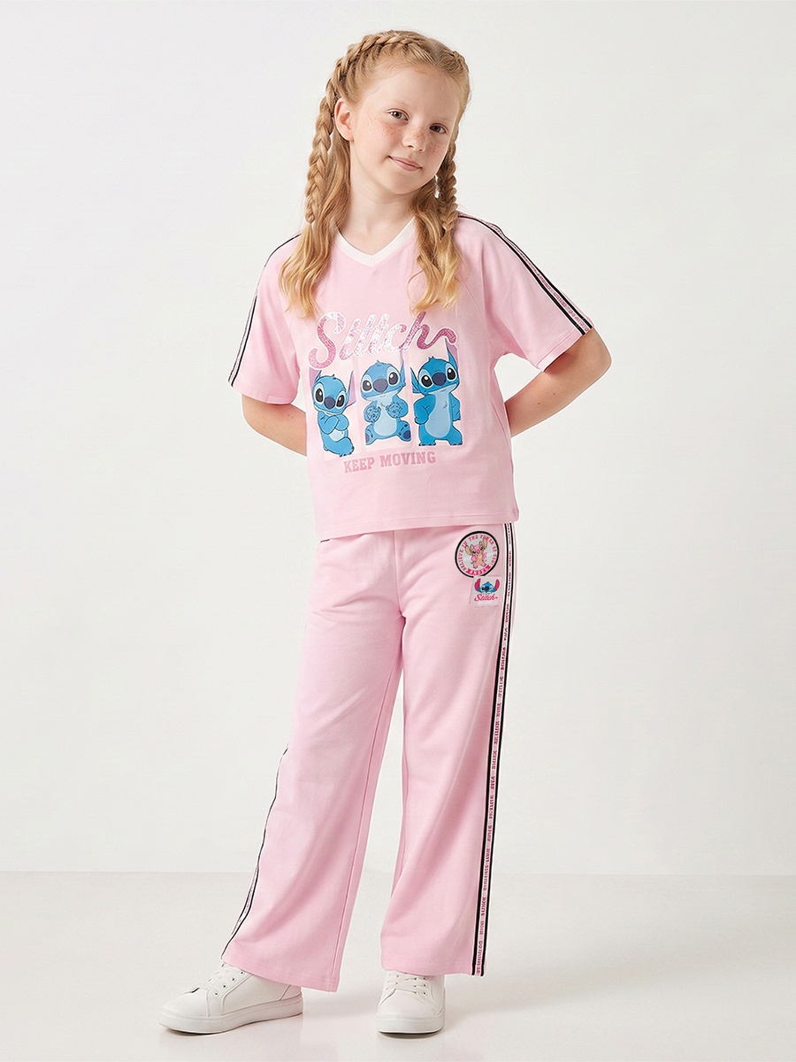 Crew Neck Short Sleeves T-Shirt and Pants Set with Stitch Print