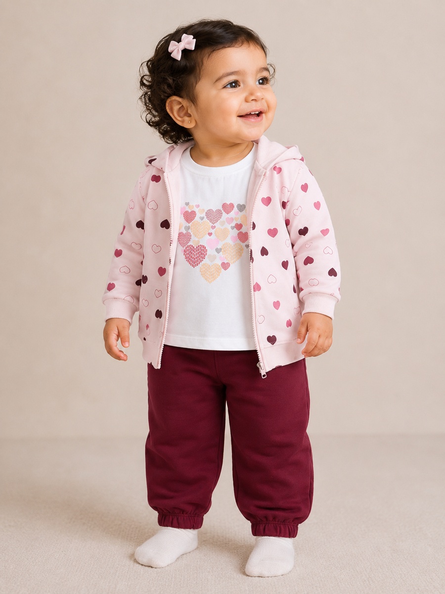 Girls 3-Piece Printed Zip Hoodie, Top and Joggers Set