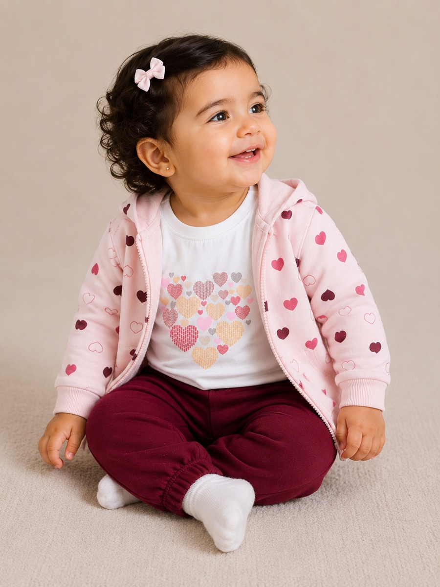 Girls 3-Piece Printed Zip Hoodie, Top and Joggers Set