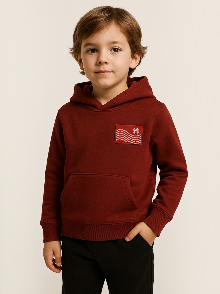 Boys Maroon Worldwide Print Hoodie