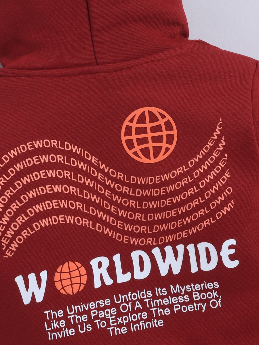 Boys Maroon Worldwide Print Hoodie