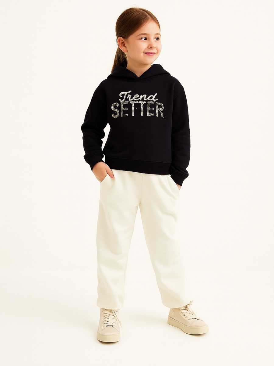 Girls Black Printed Long Sleeve Hoodie