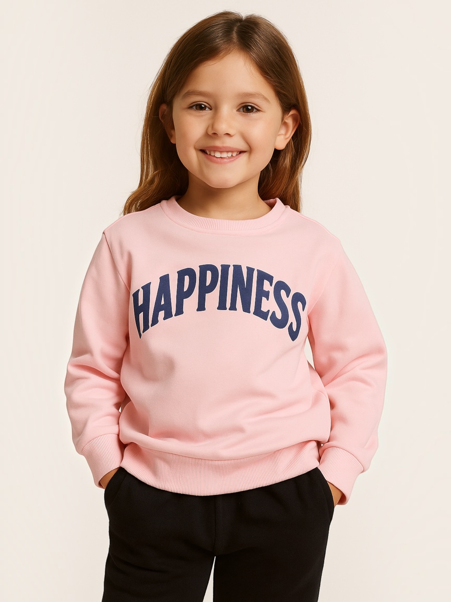 Girls Happiness Print Cotton Fleece Sweatshirt