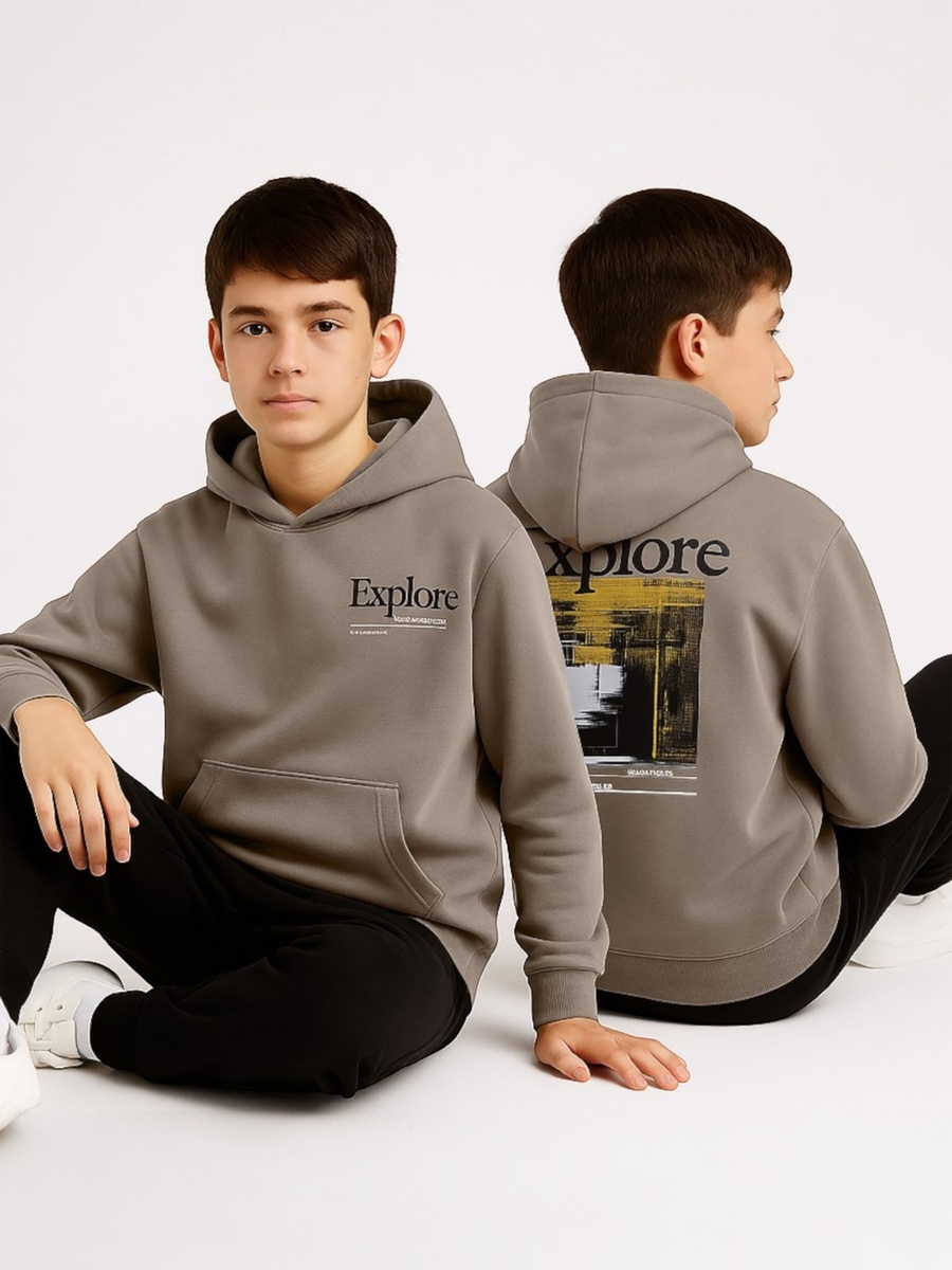 Boys Olive Explore Printed Hoodie