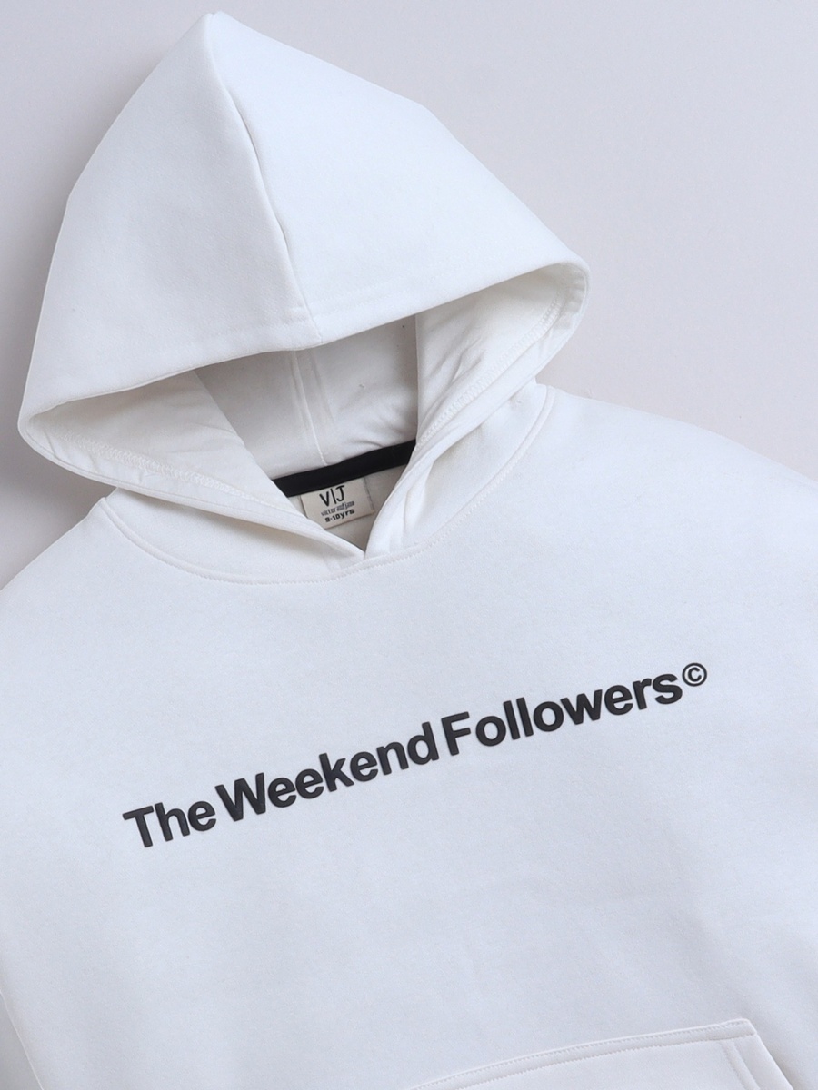 Boys White Text Print Hoodie