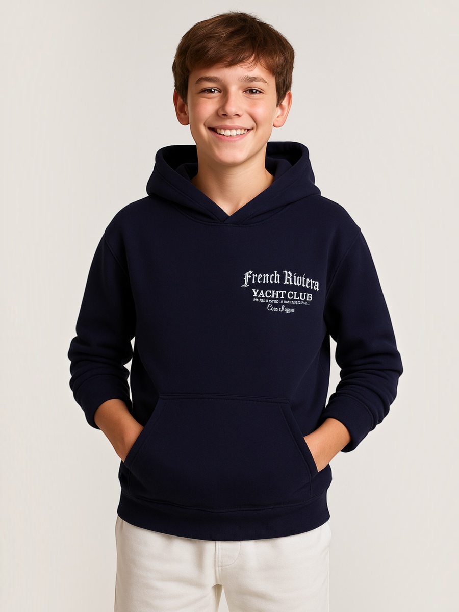 Boys Navy Text Print Hoodie with Pocket