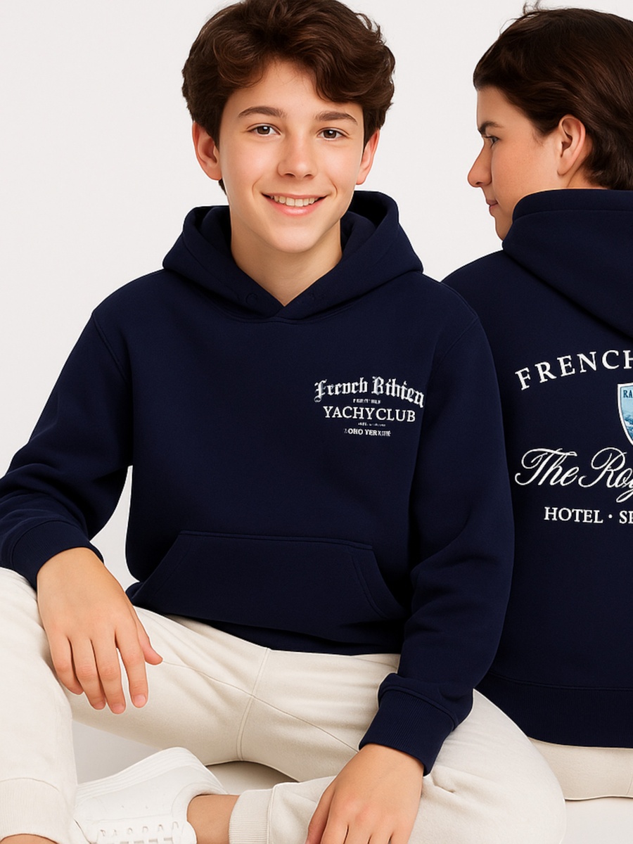 Boys Navy Text Print Hoodie with Pocket