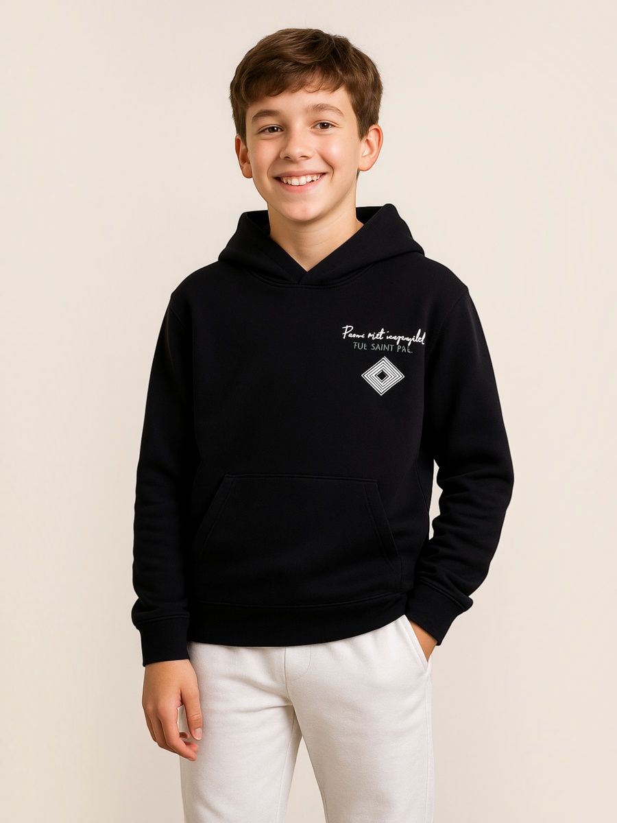 Boys Black Text Graphic Front Pocket Hoodie