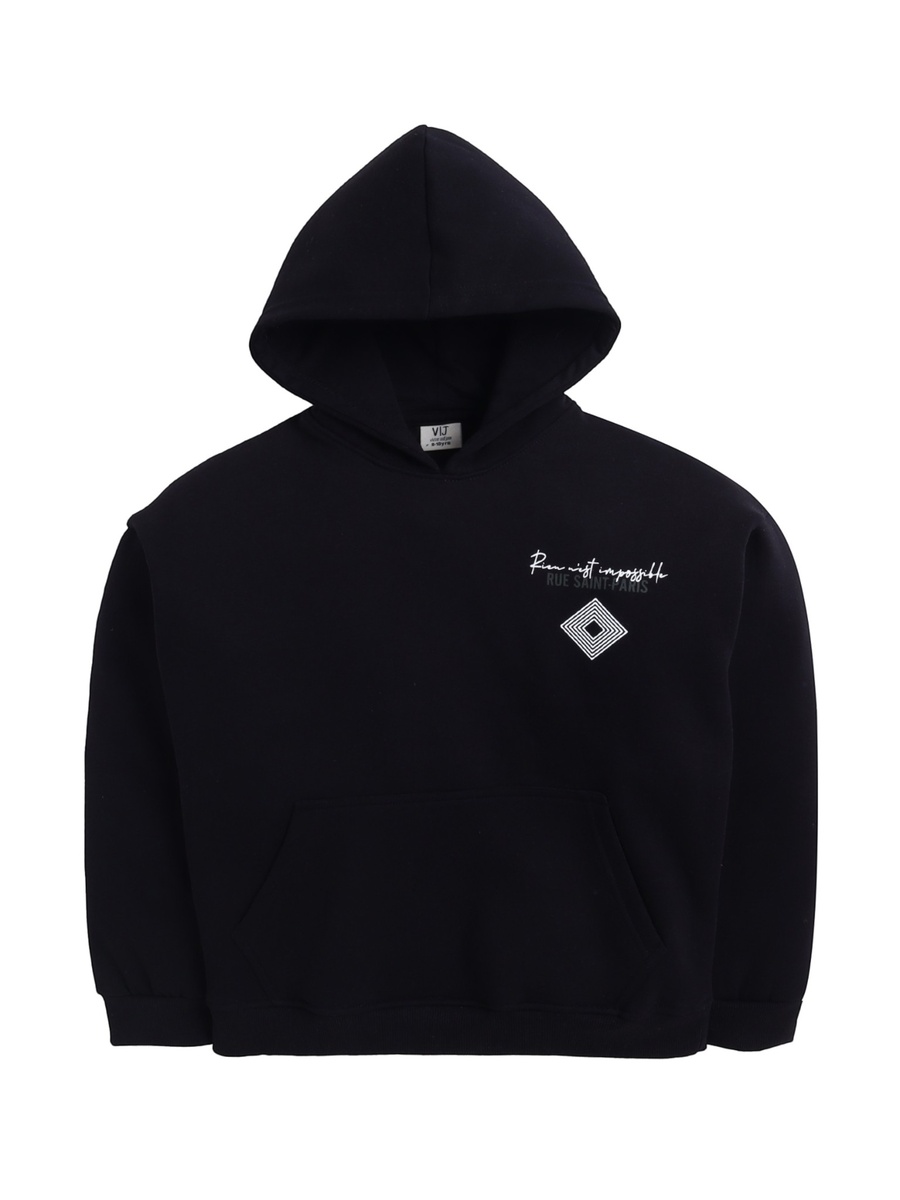 Boys Black Text Graphic Front Pocket Hoodie