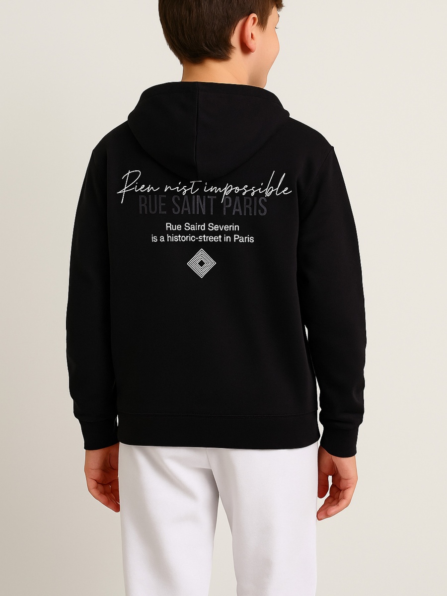 Boys Black Text Graphic Front Pocket Hoodie