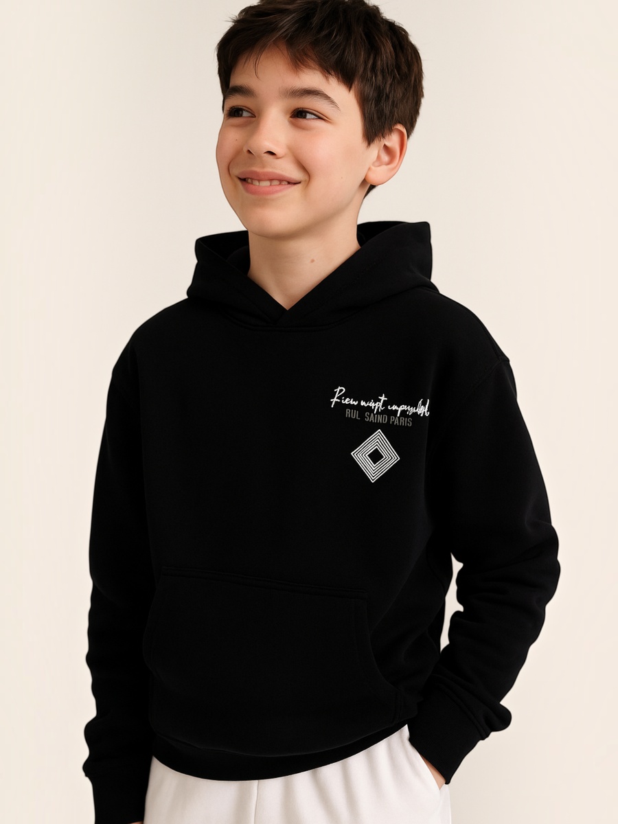 Boys Black Text Graphic Front Pocket Hoodie