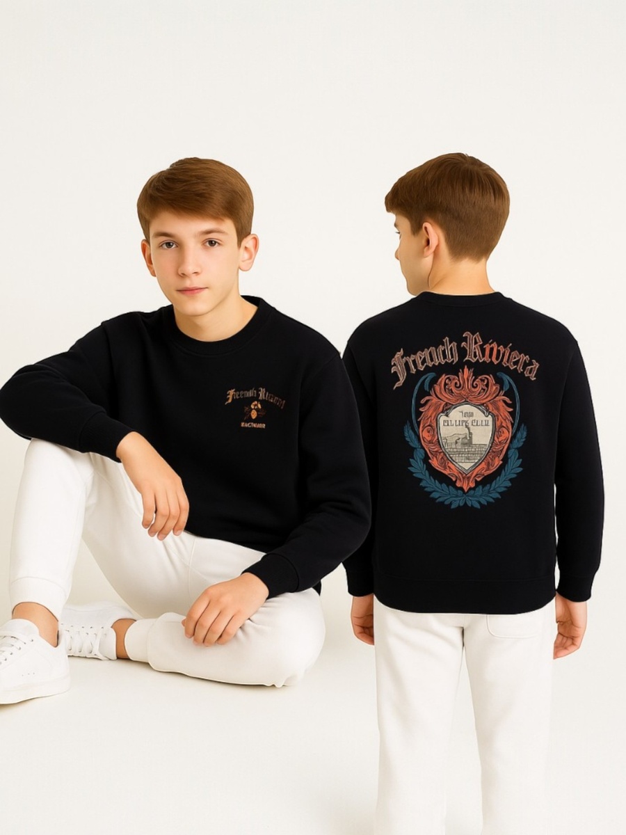 Boys Black Round Neck Sweatshirt with Back Print
