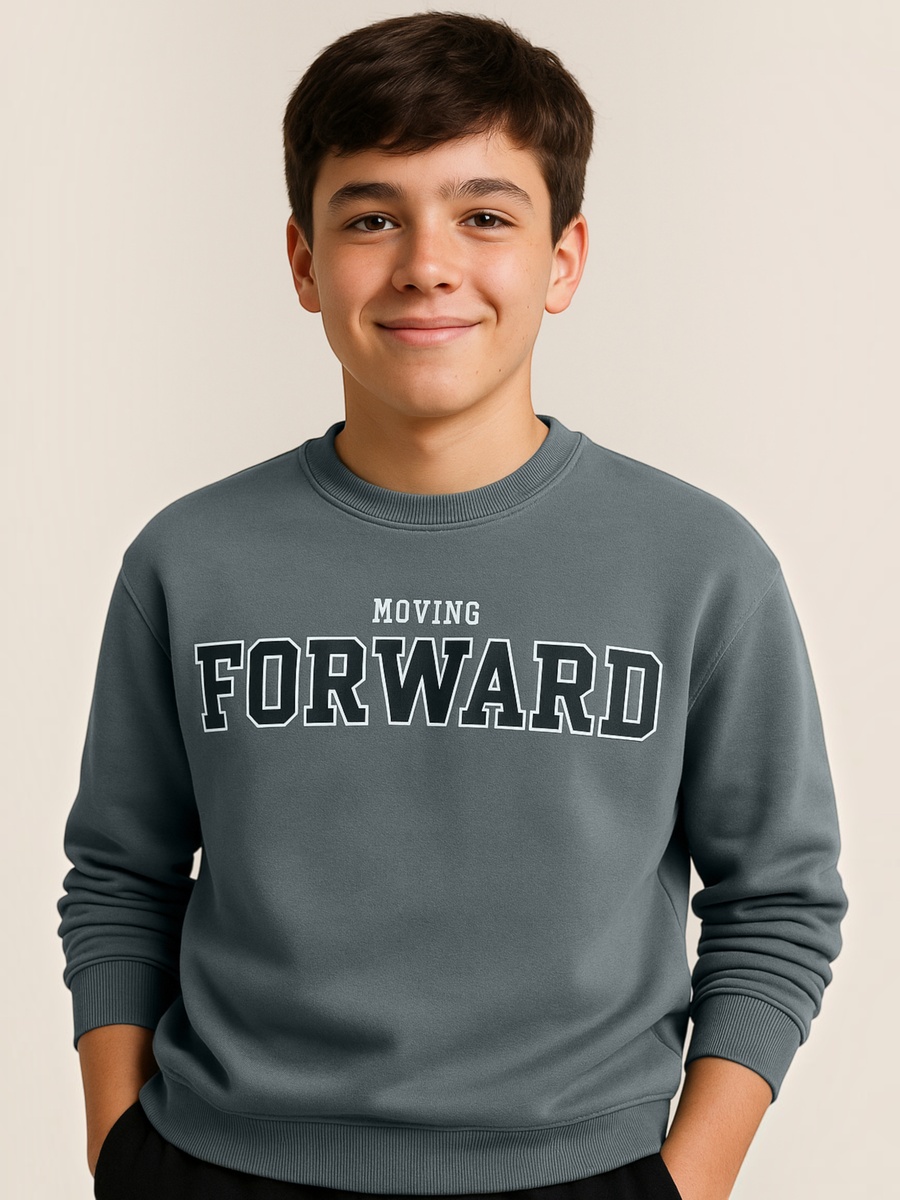 Boys Olive Text Print Round Neck Sweatshirt
