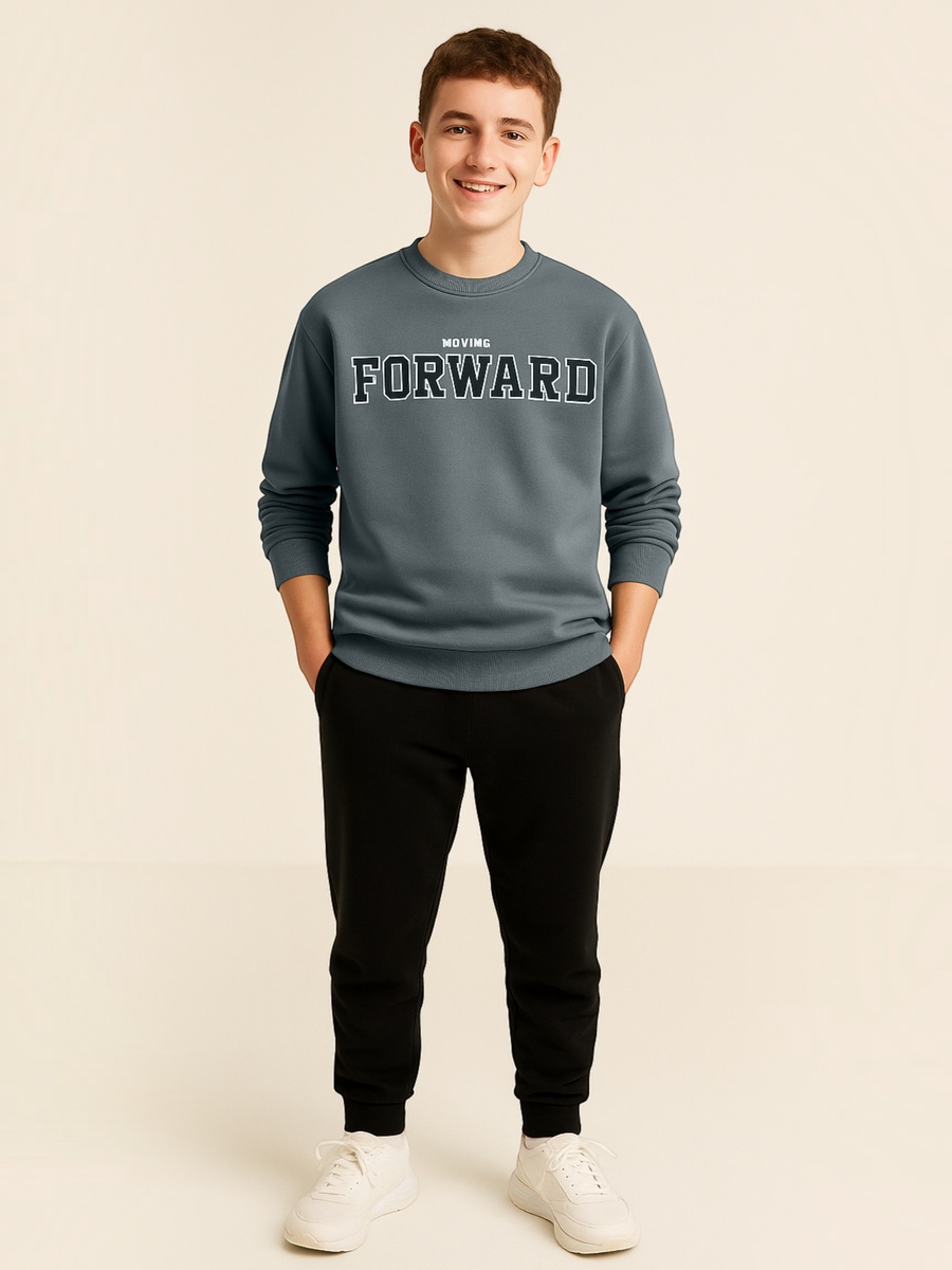 Boys Olive Text Print Round Neck Sweatshirt