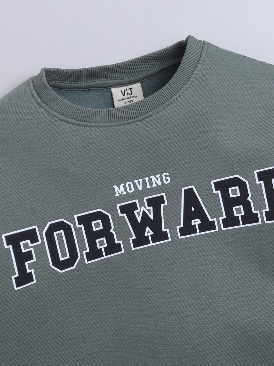 Boys Olive Text Print Round Neck Sweatshirt