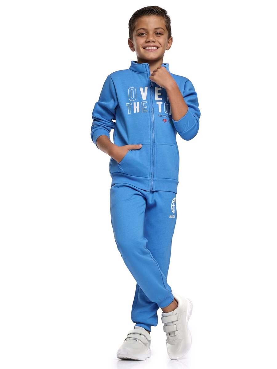 Boys Blue Printed Zipper Jacket and Joggers Set