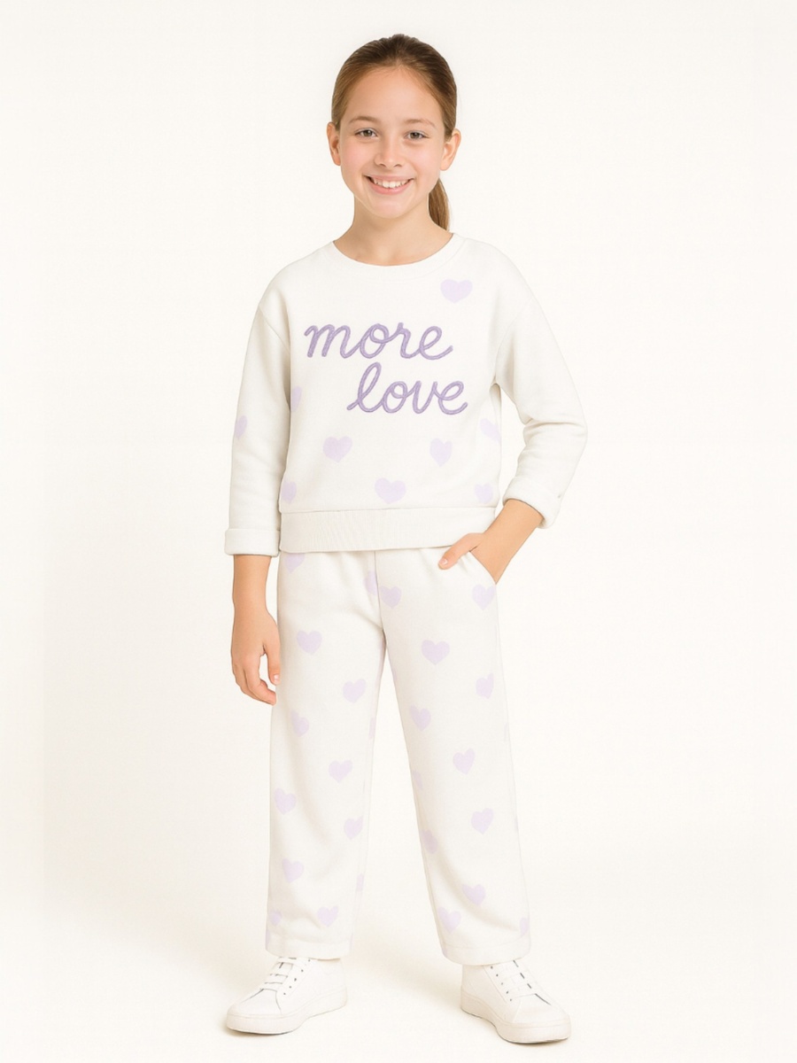 Girls More Love Heart Print Fleece Sweatshirt and Joggers Set